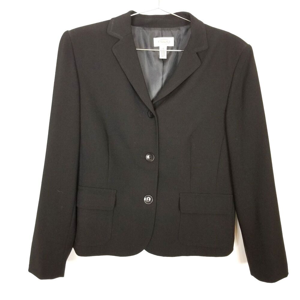 Talbots Women 100% Wool Button Up Jacket Blazer Sz 14‎ Black Lined Office Preppy